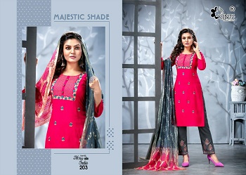 Miss India vol 2 Top Pent And Dupatta Set Wholesale Catalogue by Kinti, Rayon Fabric Fancy Embroidery Work Readymade Ladies Dress Wholesaler Catalog by Kinti