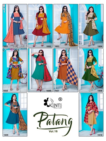 Kinti Patang Vol 16 Rayon tow tone kurtis with stroll Dupatta wholesale catalog, Buy Kinti Low price Range Kurtis in bulk rate for business from Surat and Ahmedabad Manufacturer of Textile Products