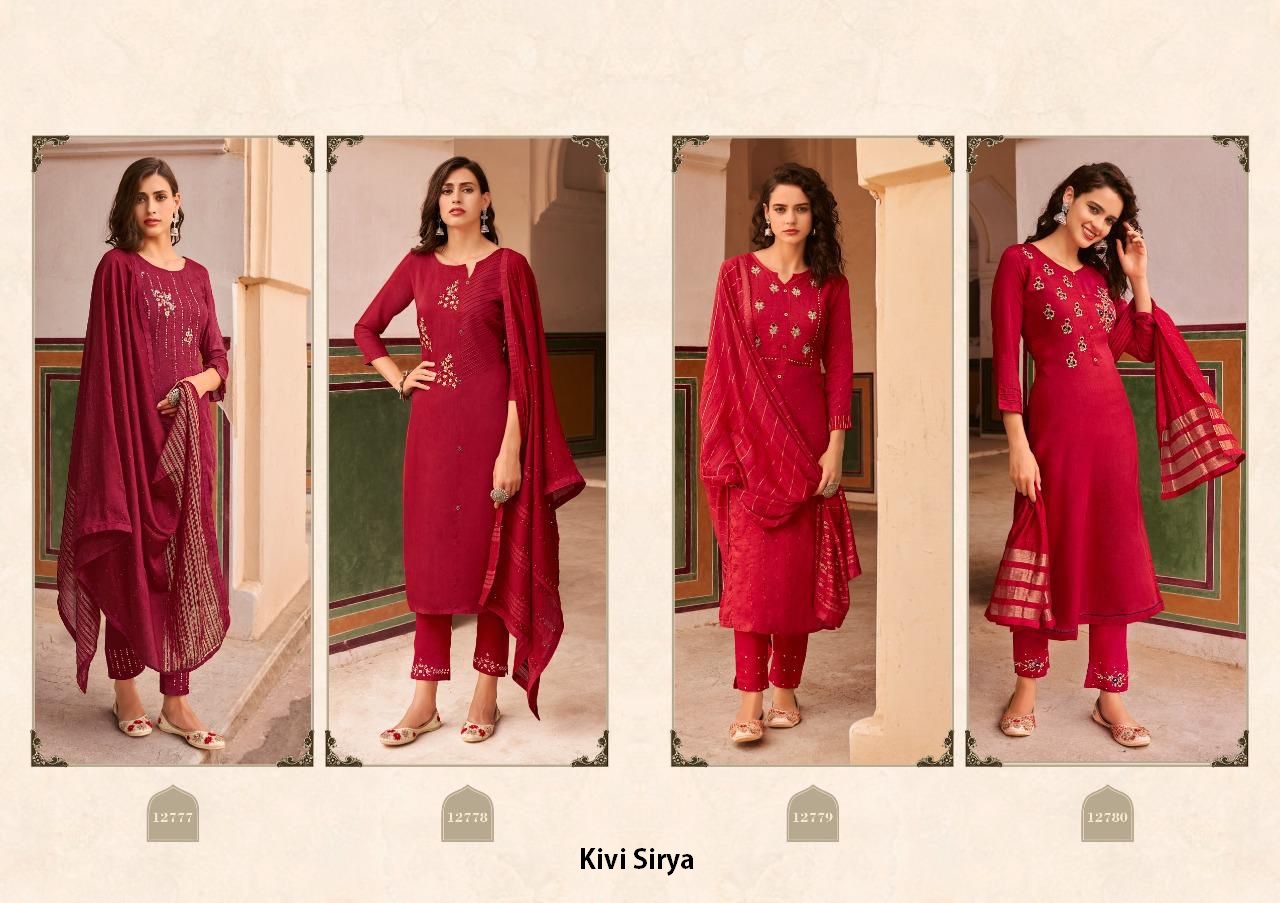 Kivi Brand by Kajree Sirya Pure Maslin Embroidery & Khatli Work top with Fancy Jari border Dupatta and Santoon Pant Wholesale Catalog