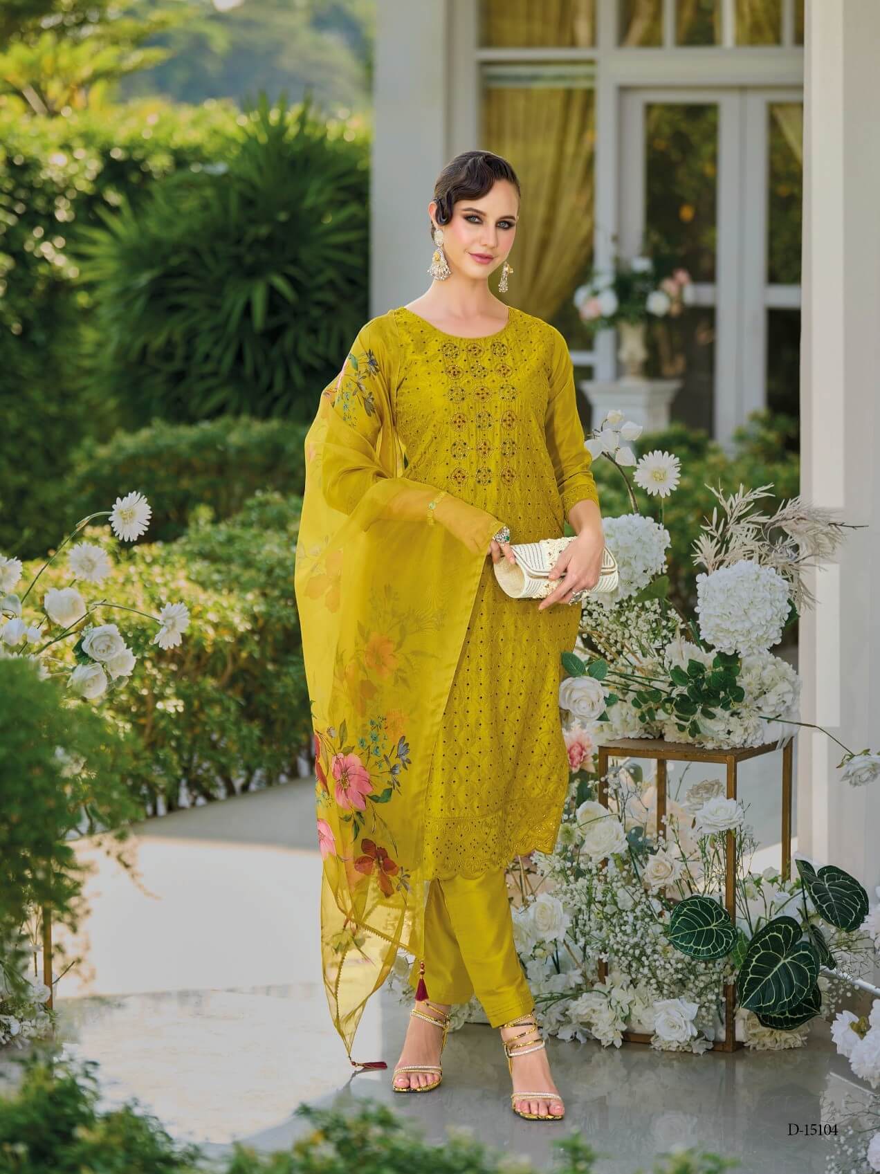 Schiffli Work And handwork On Maslin Silk With Inner And Viscose Pant With Organza Dupatta