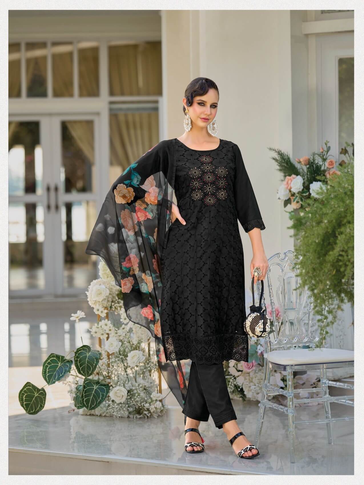 Schiffli Work And handwork On Maslin Silk With Inner And Viscose Pant With Organza Dupatta