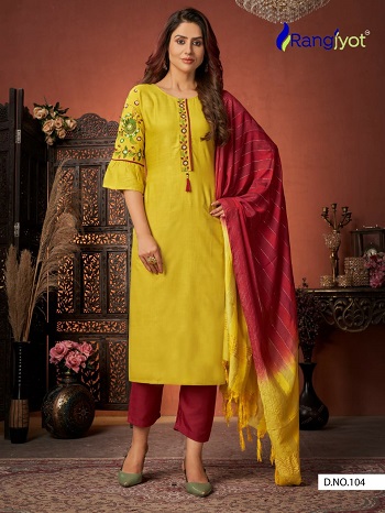 Rangmaya vol 1 Top Pant Dupatta Set Wholesale Catalog by Rangjyot brand, Ladies readymade Dress Wholesale Catalogue of Eight Pieces Rangmaya vol 1 at best Wholesale Price