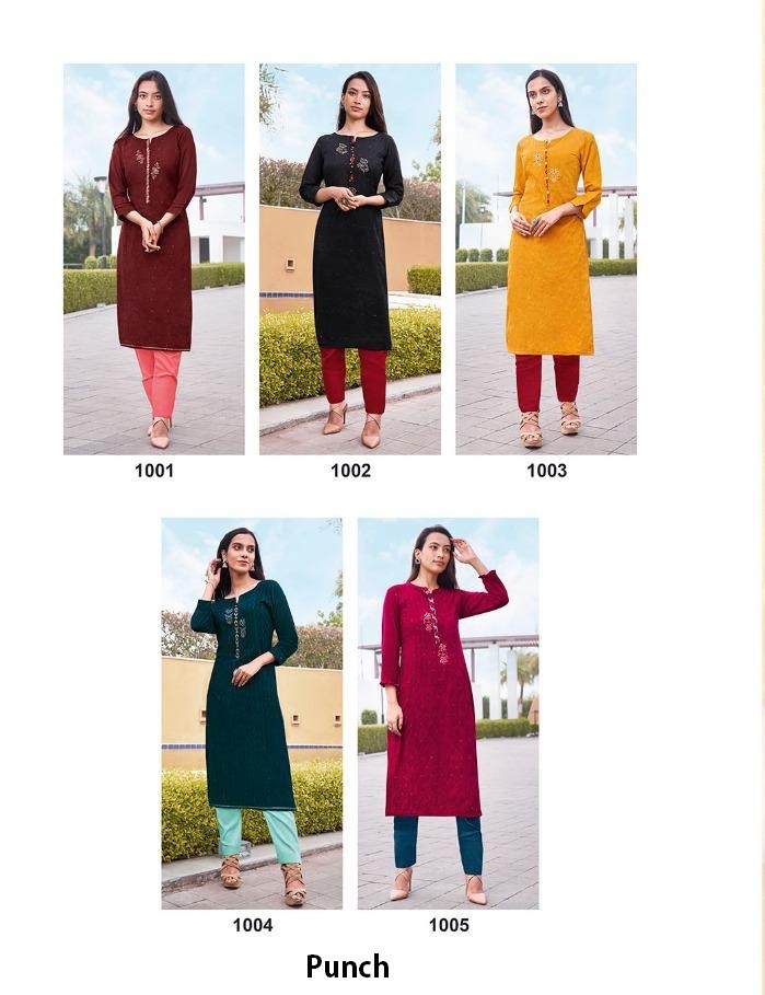 Rangoon Punch Sequence Leriya khatli hand work Rayon Kurtis Wholesale Catalog, Five Designs and colours Wholesale Kurtis Catalog Punch by Rangoon Brand