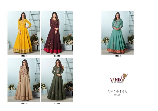 Vamika Amorina vol 5 Designer Gowns Wholesale Catalogue, Purchase Partywear Ladies Gowns in Wholesale price at bulk rate from Surat Textile Market