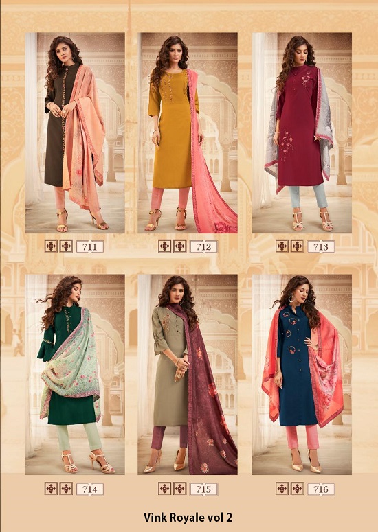 Vink Royale vol 2 wholesale kurtis catalogue. Royale vol 2 kurtis with dupatta catalogue by Vink in wholesale price.