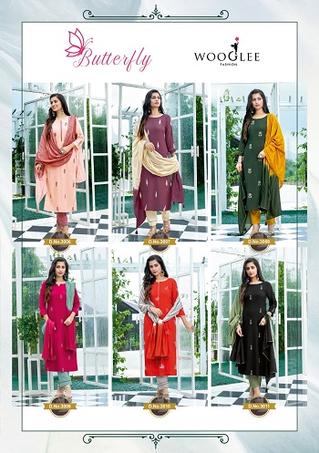Wooglee utterfly Top Bottom Dupatta Set Collection, Buy Kurti With Pant and Dupatta Set Full catalog Butterfly in Wholesale Rate